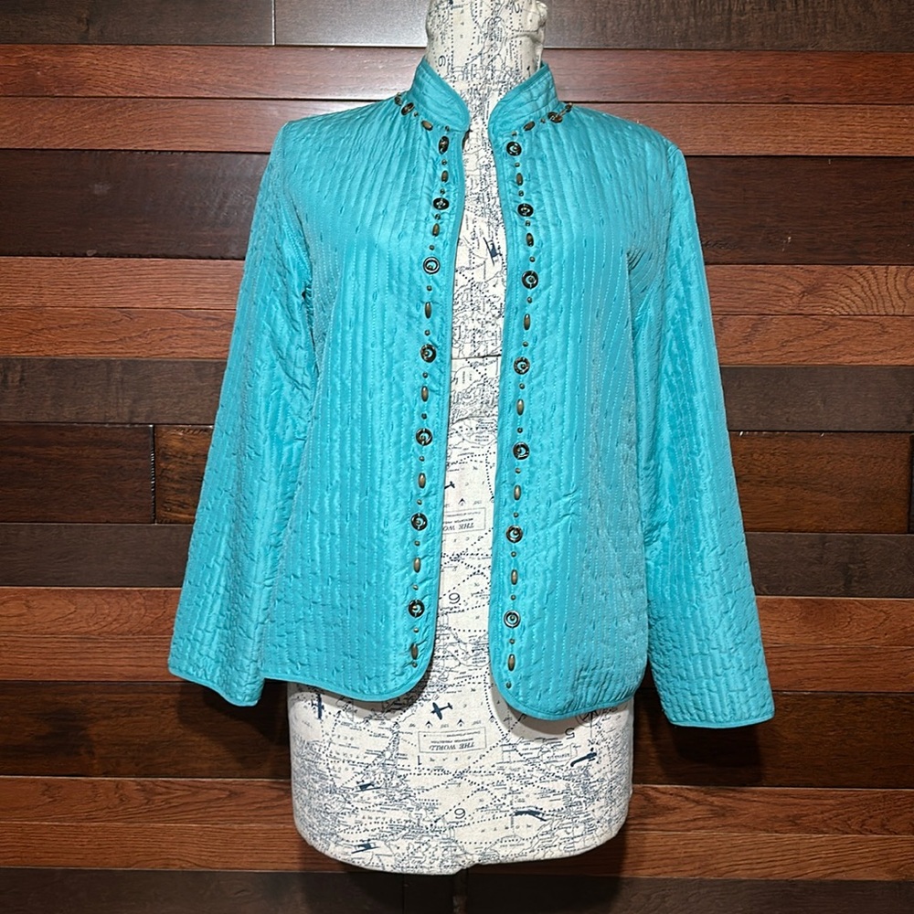Alfred Dunner Open Front Long Sleeve Teal Quilted Blazer
